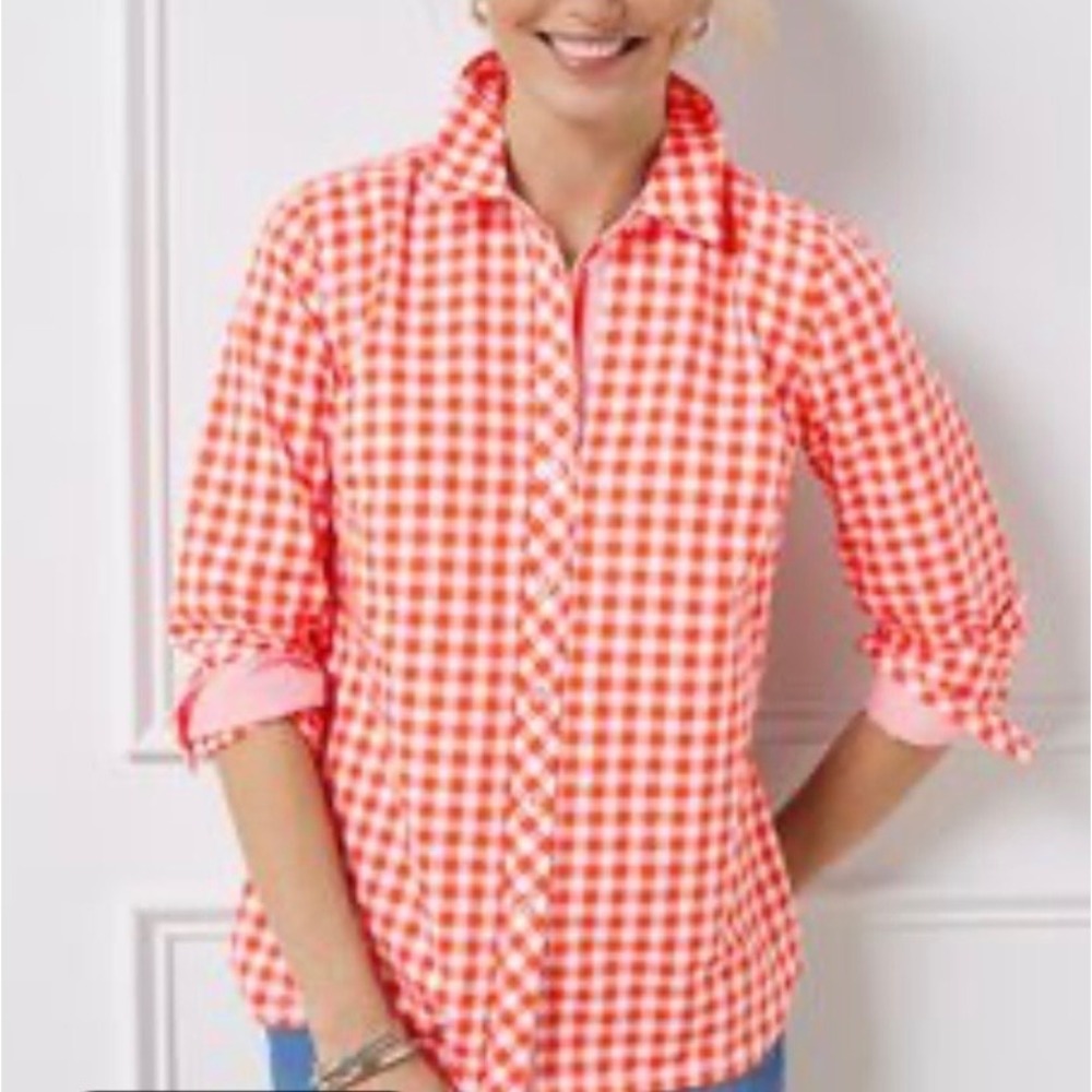 Talbots Plus Womens 3X Orange White Gingham Check Cotton Button Down Shirt